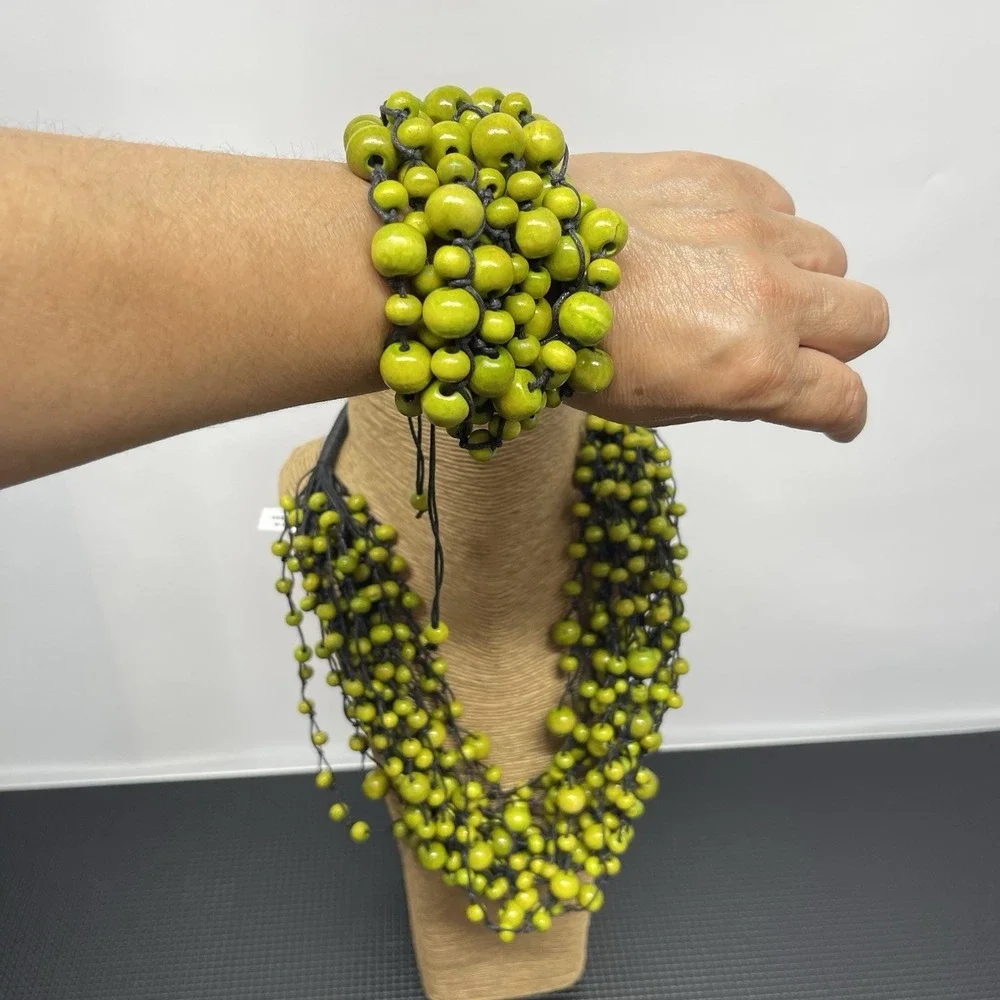Bohemian Wooden Bead Necklace & Bracelet Set Multi Strand Chunky Lime Green